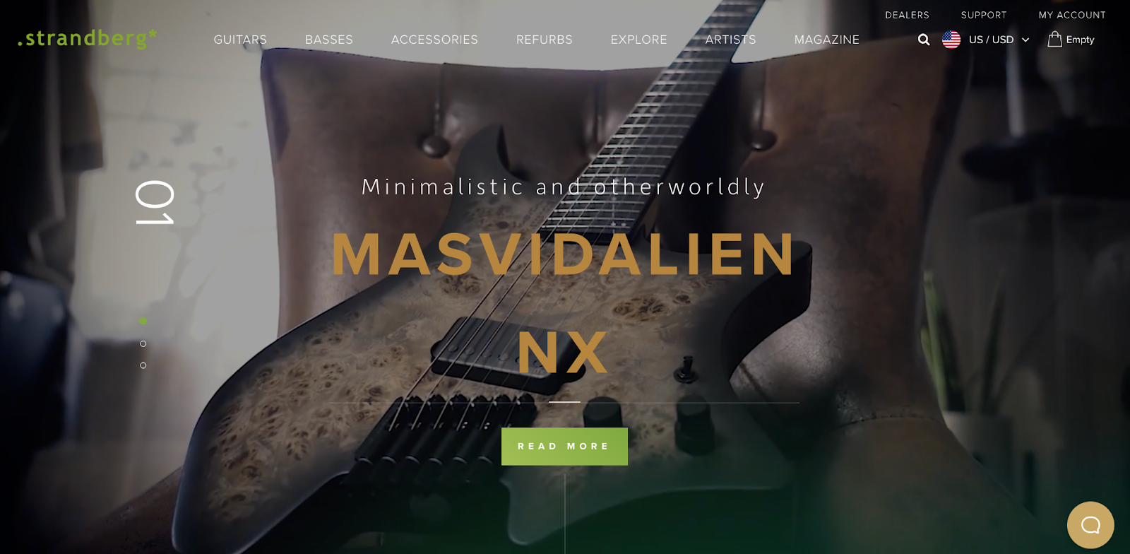 Strandberg Guitars homepage with a video background