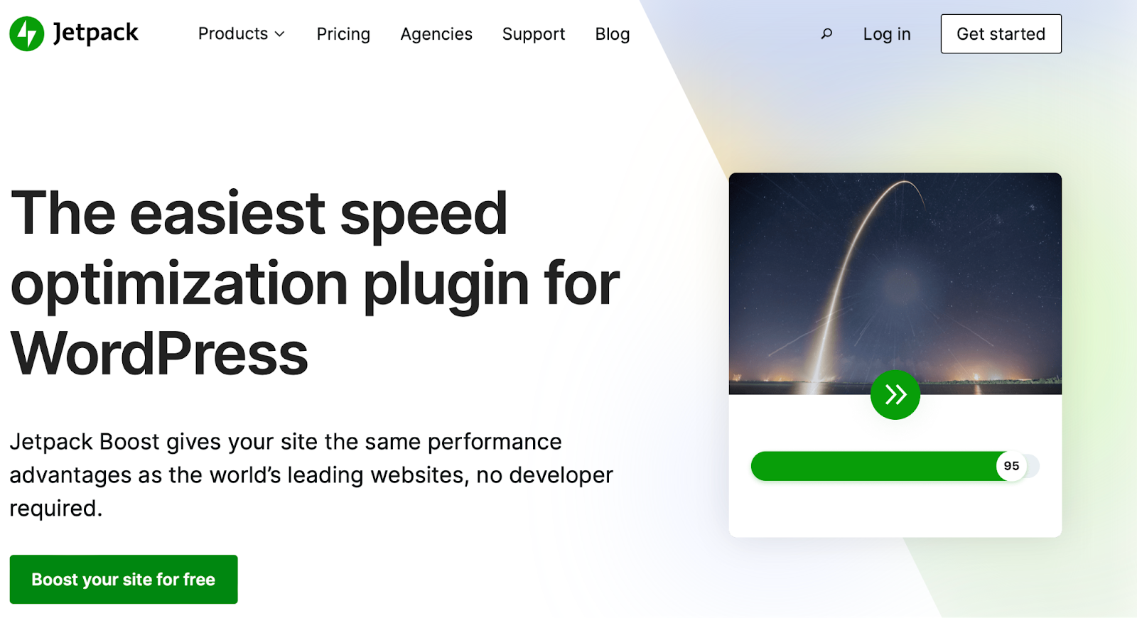 Jetpack Boost homepage with the text, "The easiest speed optimization plugin for WordPress"