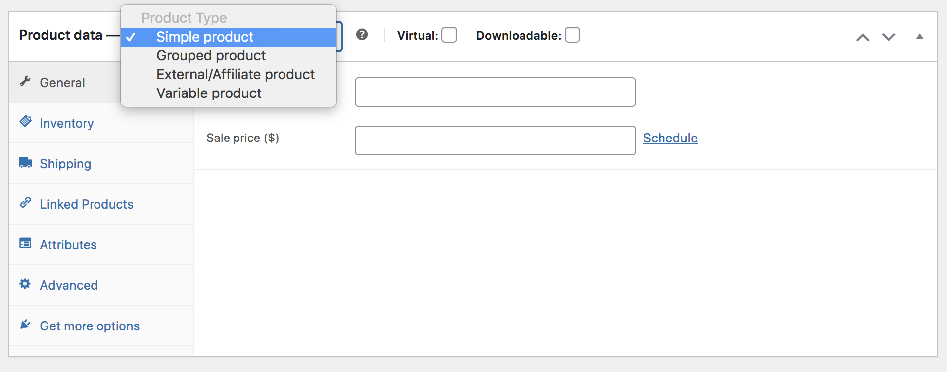 choosing a product type in WooCommerce