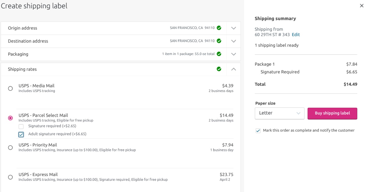 selecting a shipping label with WooCommerce Shipping