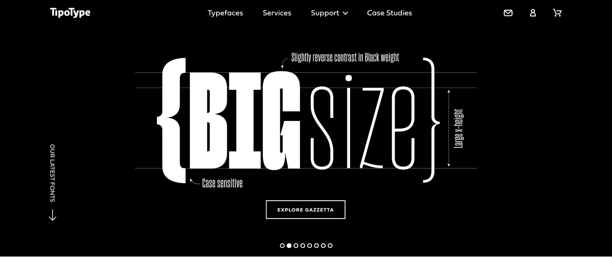 TipoType homepage with bold typography on a dark background