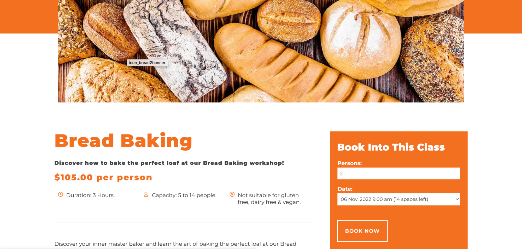 bread baking class, with options to select a date