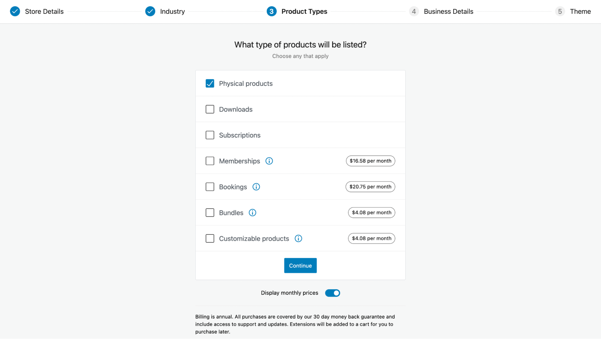 the WooCommerce setup wizard, asking about the store's product type
