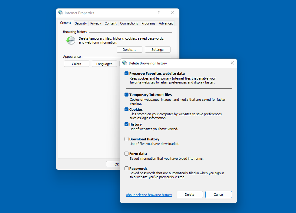 clearing browser history in Windows