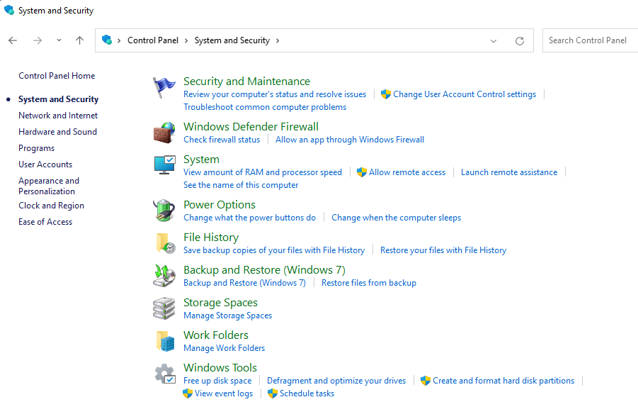 security settings in Windows