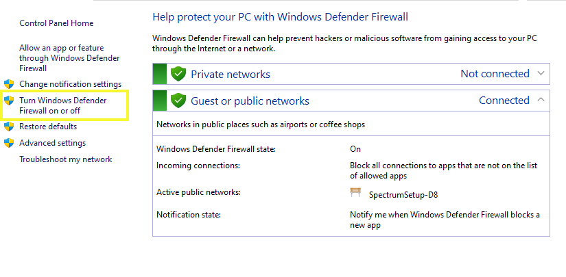 option to turn Windows firewall off