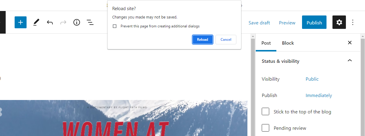 warning from WordPress that you might lose changes