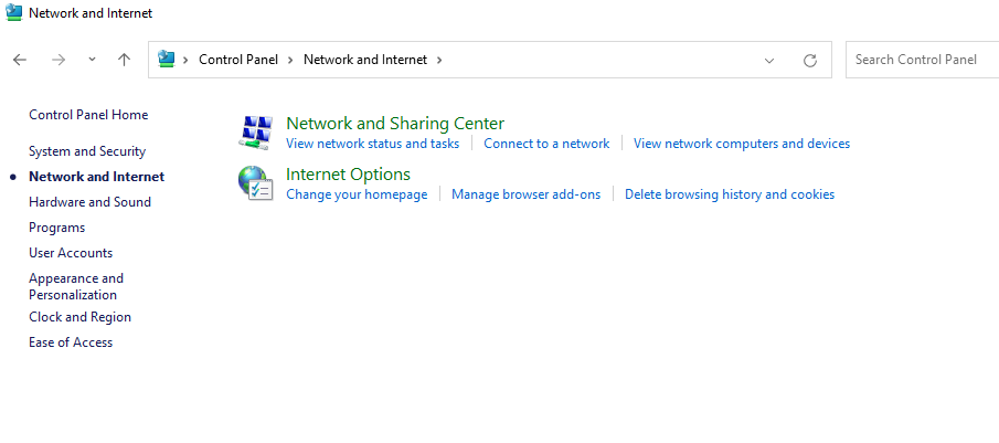 network and sharing center option