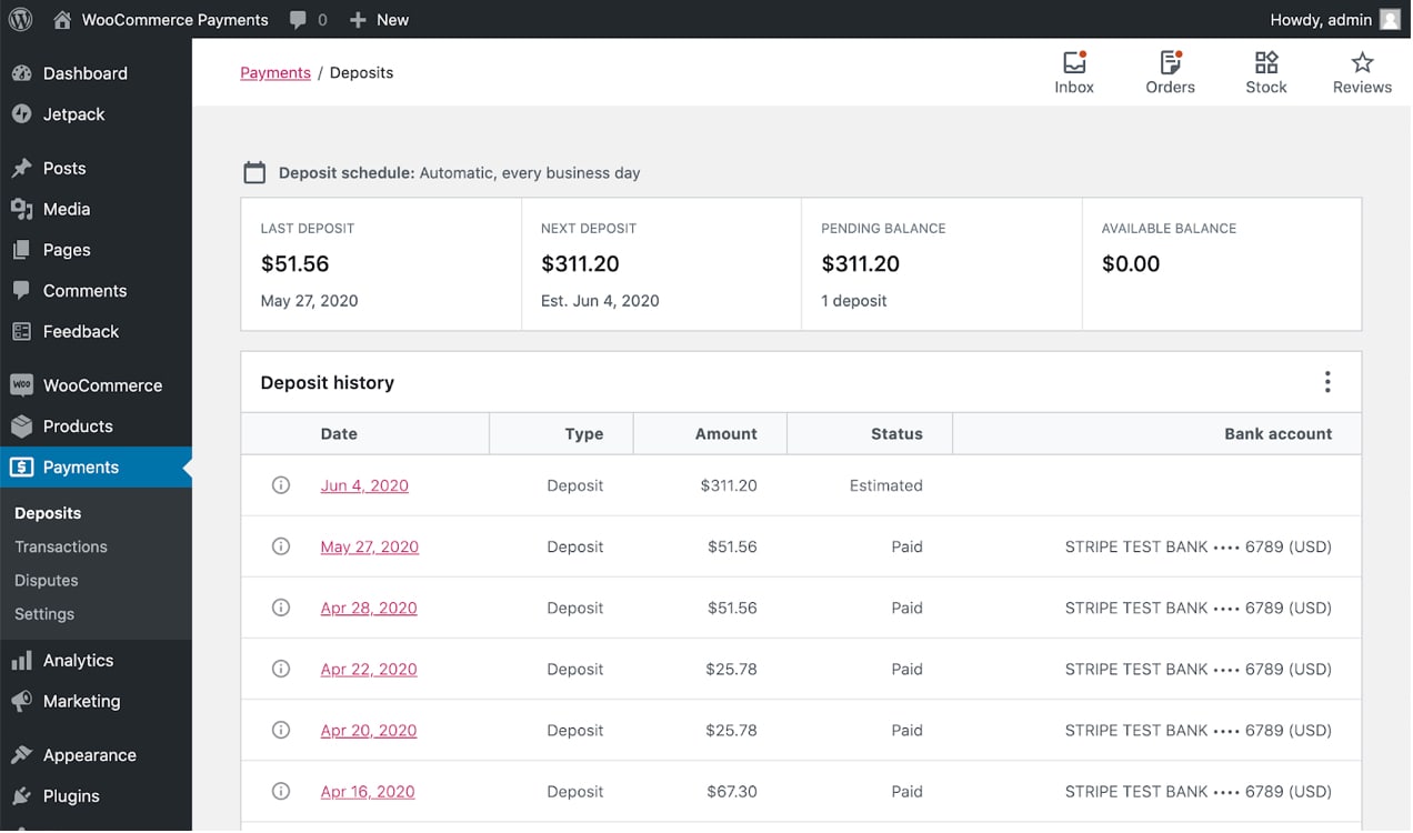 WooCommerce Payments dashboard, showing payment history