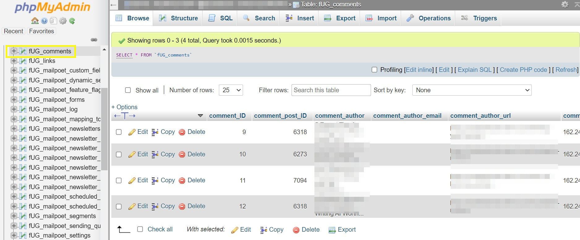 Comments table in phpMyAdmin