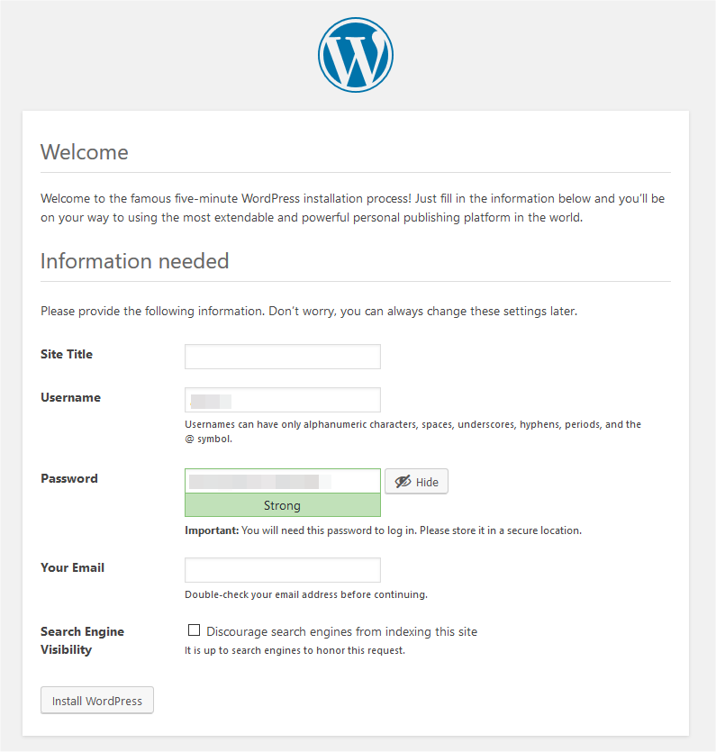 setting up WordPress login details