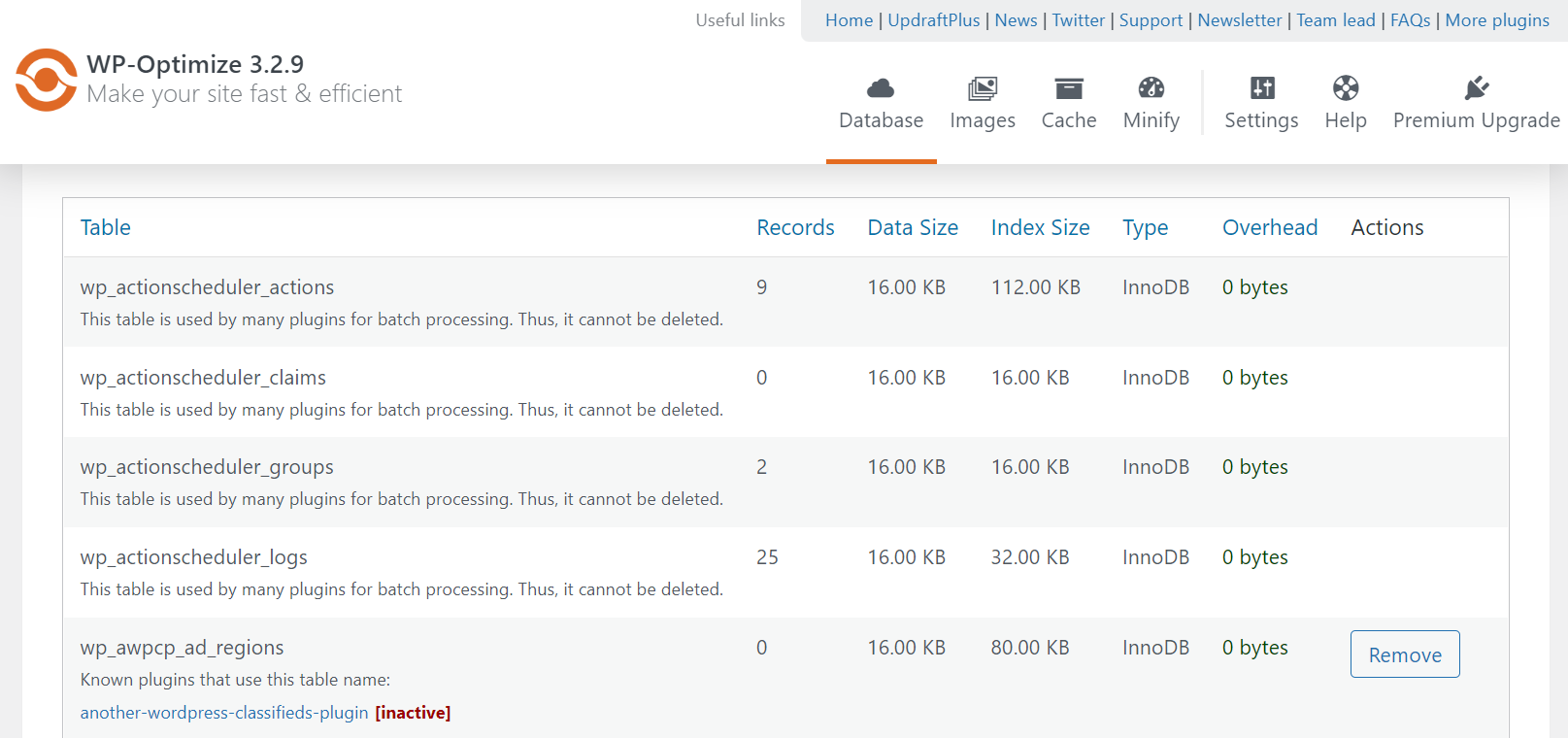 selecting database tables to remove
