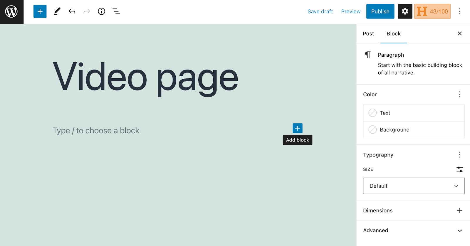 "add block" option on a blank page