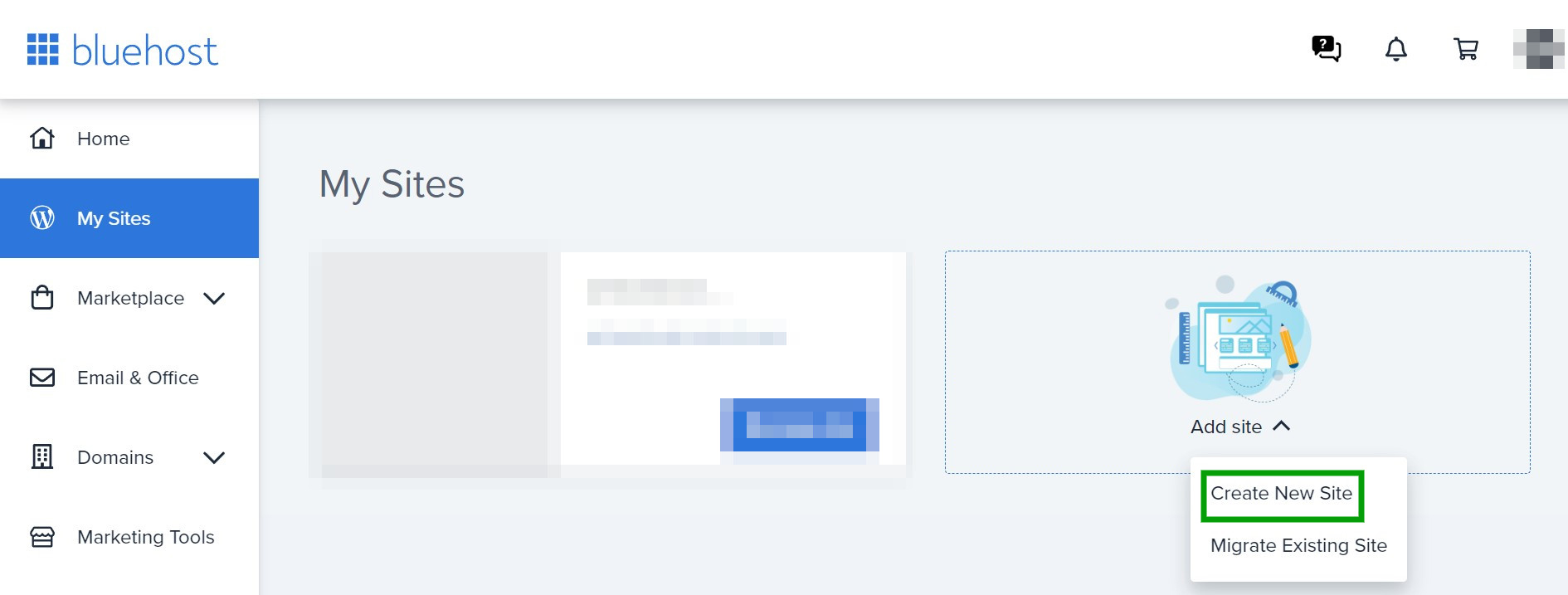 option to create a new site with Bluehost