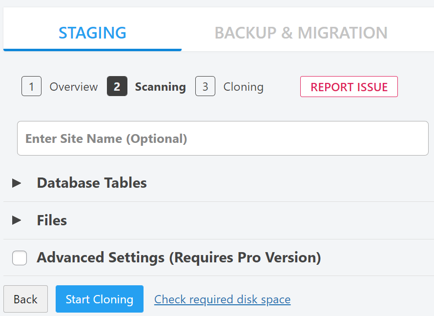 Step 2, with options for choosing files and database tables