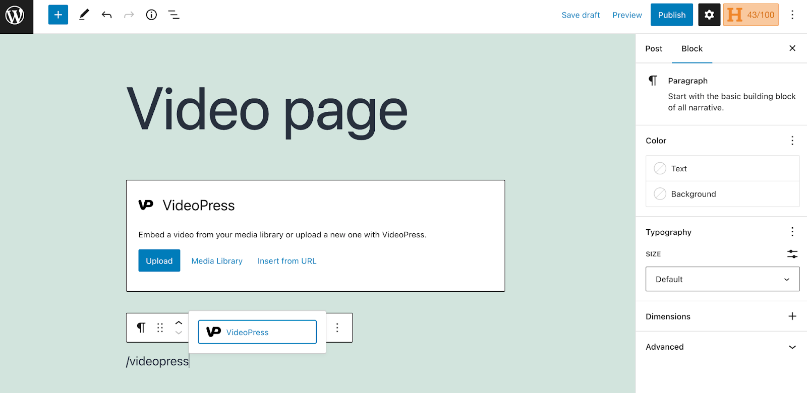 using a keyboard shortcut to add the VideoPress block