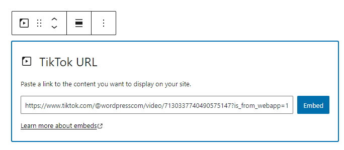 adding a TikTok URL to WordPress