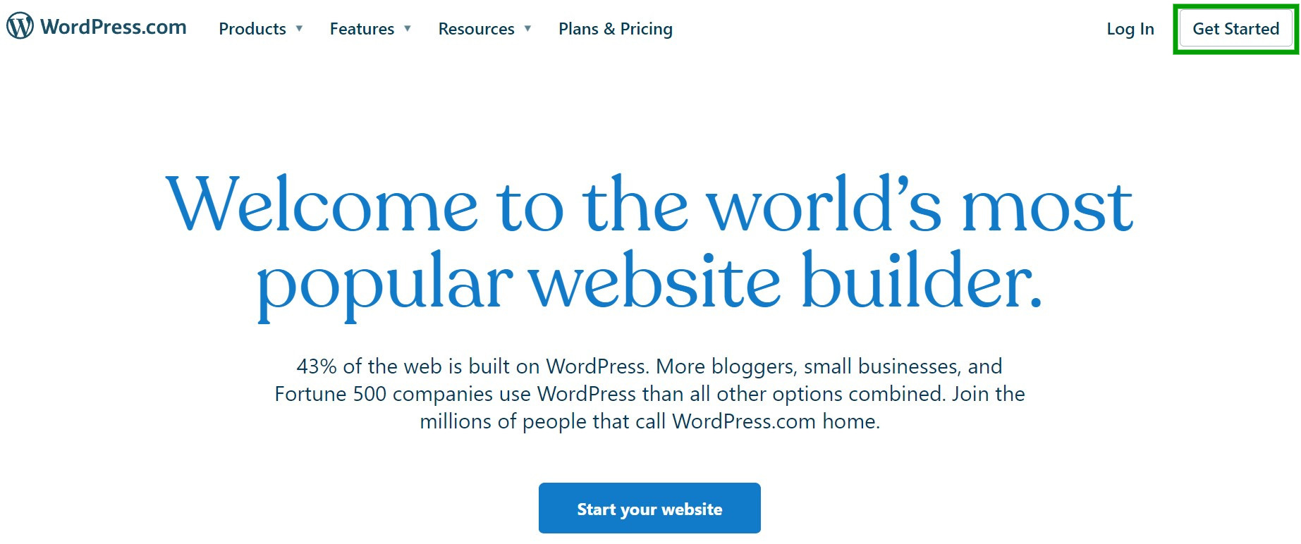 Get Started button on WordPress.com