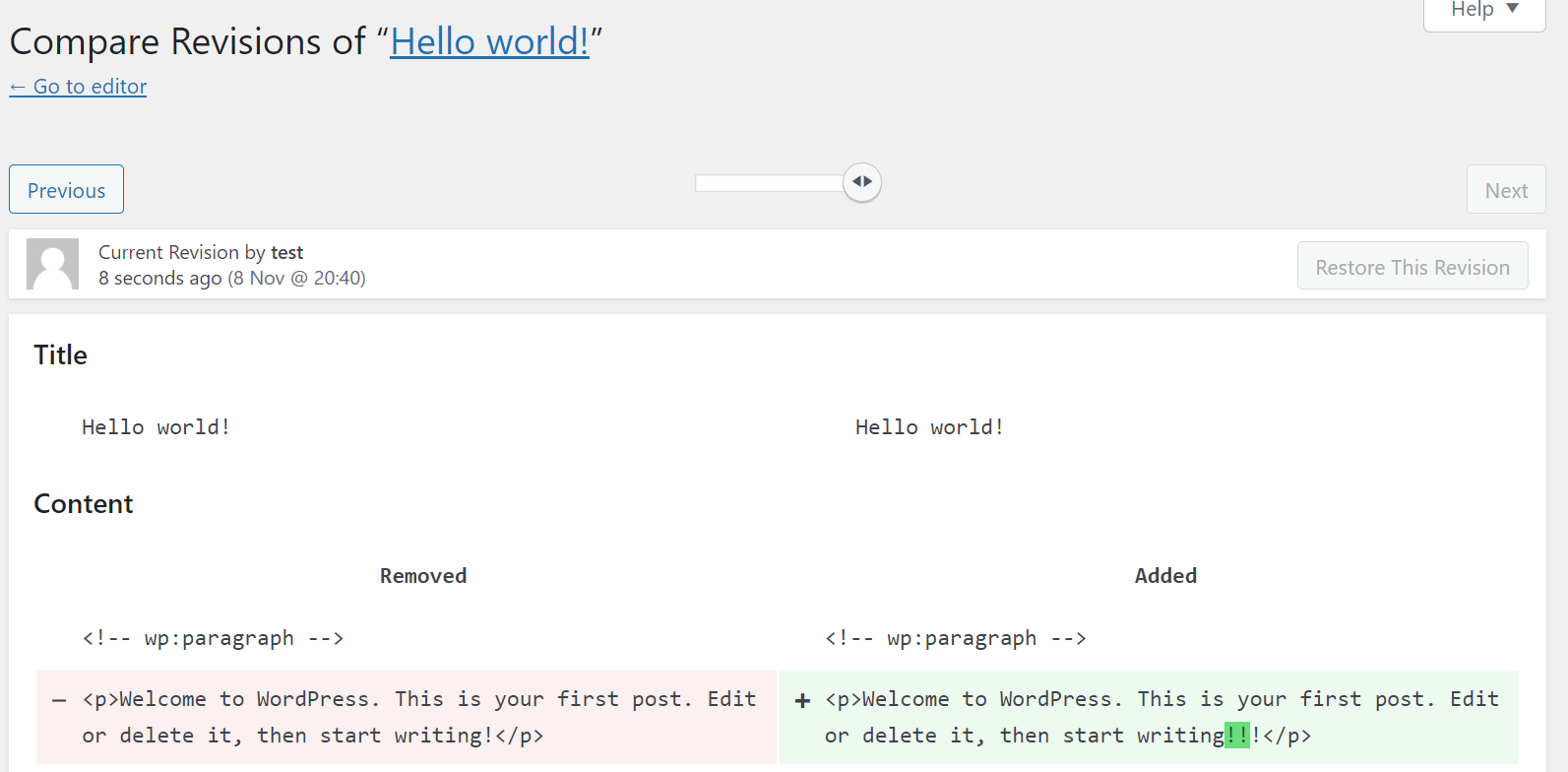 two WordPress revisions side by side