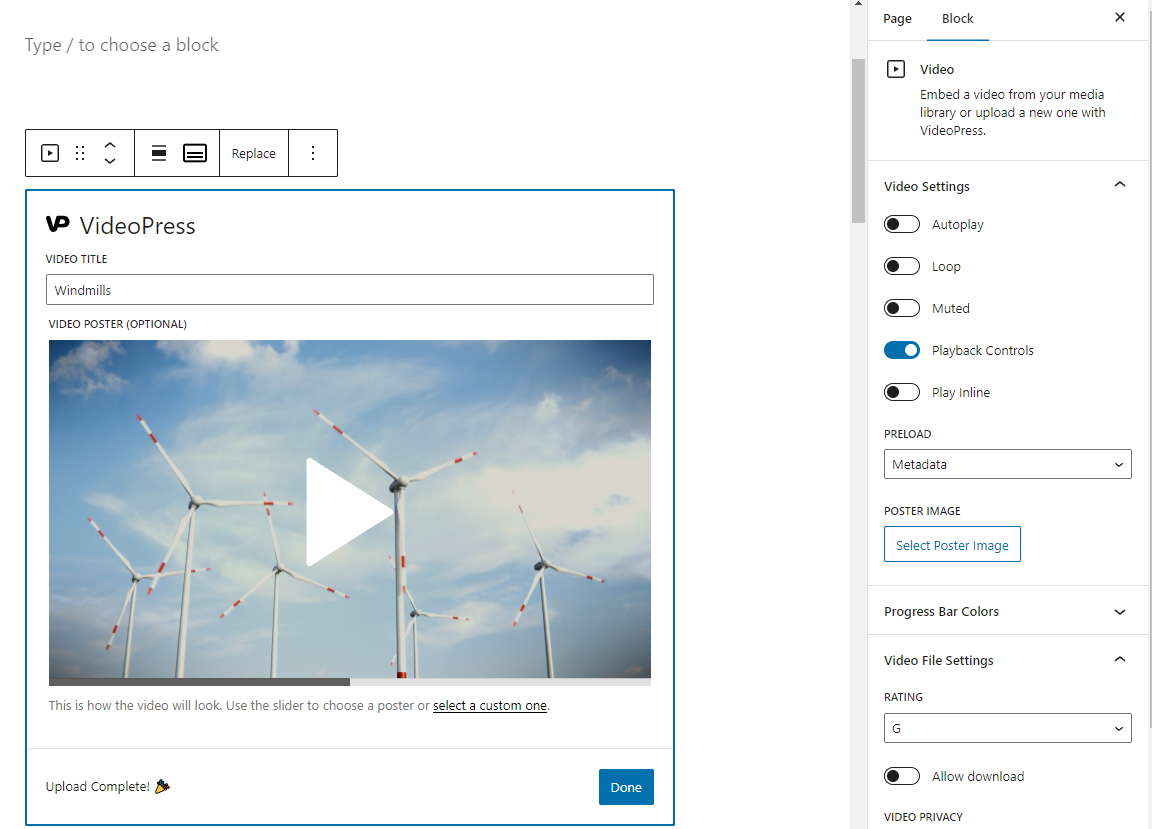 settings for the VideoPress block