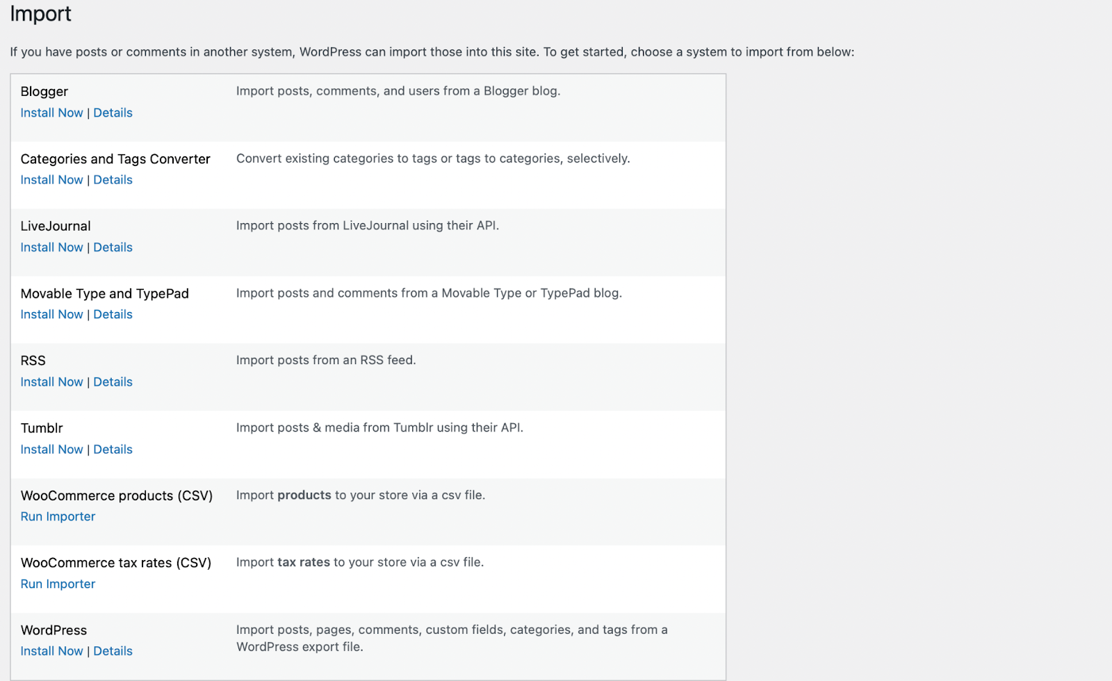 import options in WordPress