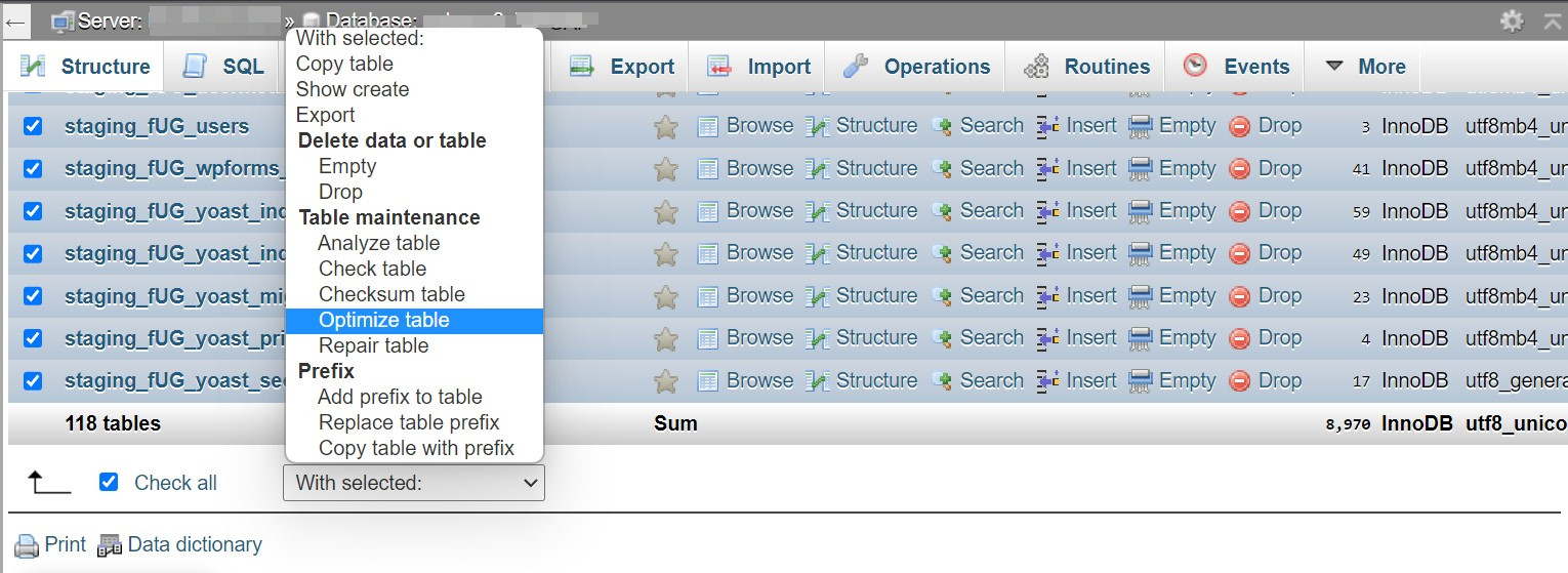 Optimize table option in phpMyAdmin