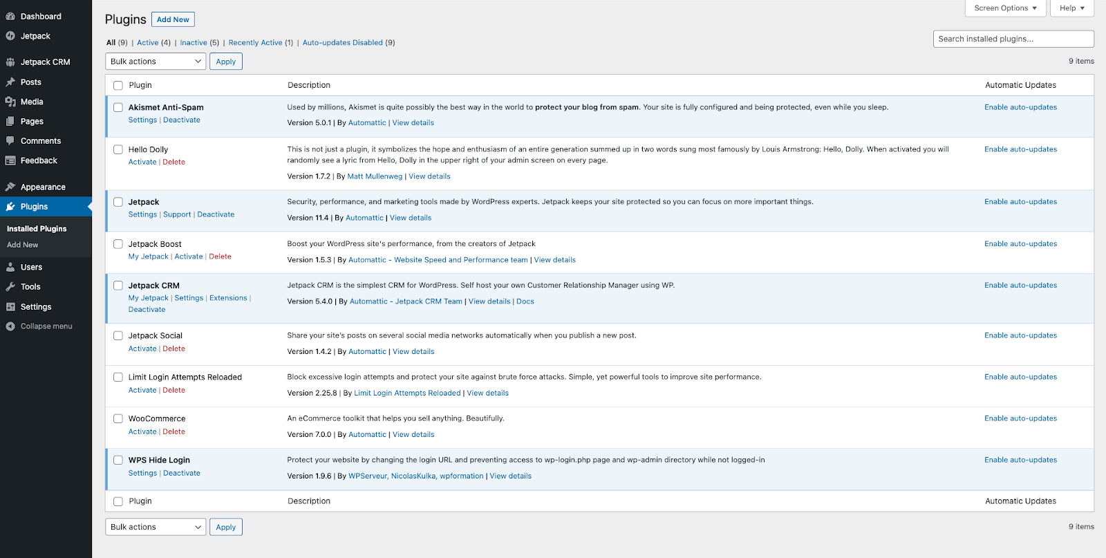 list of installed plugins in the WordPress dashboard