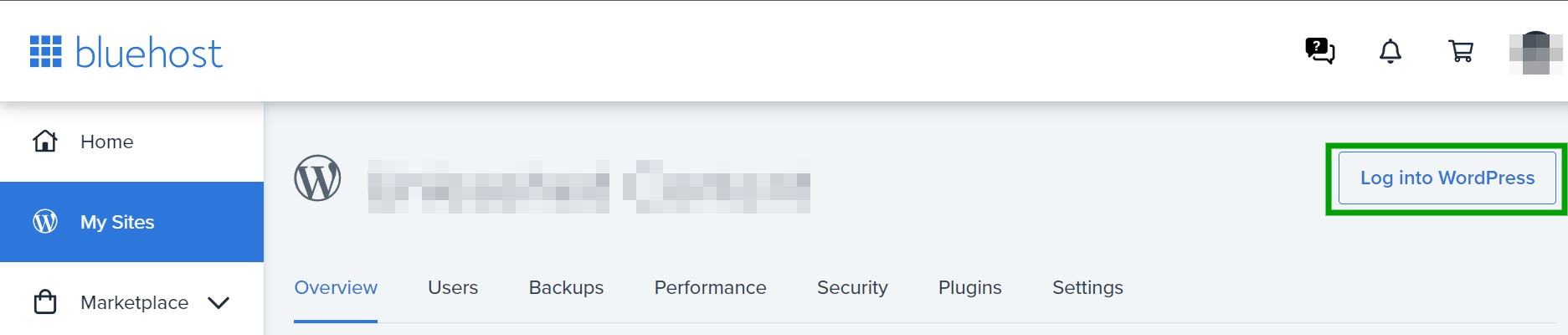 option to log in to WordPress with Bluehost