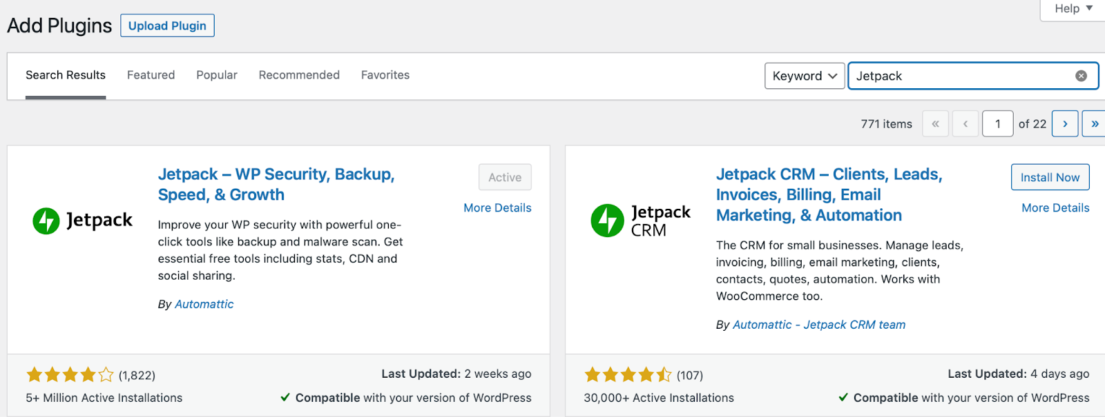Jetpack plugin listed in the WordPress dashboard