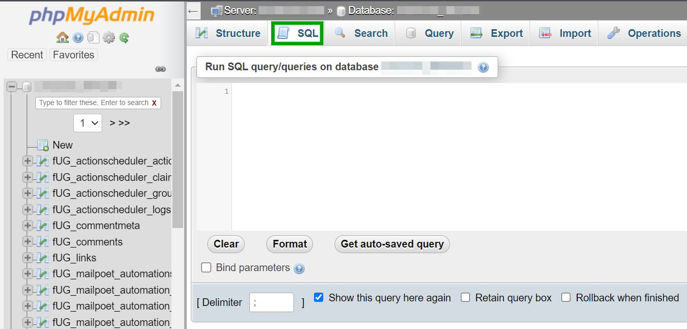 SQL option in phpMyAdmin