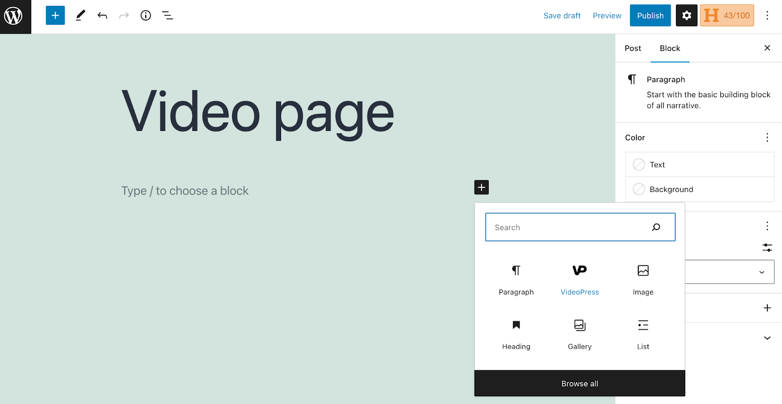 VideoPress block in the list of available blocks