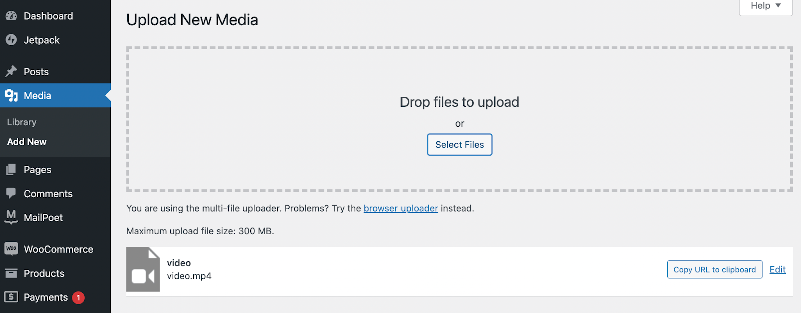 media file listed under "upload new media"
