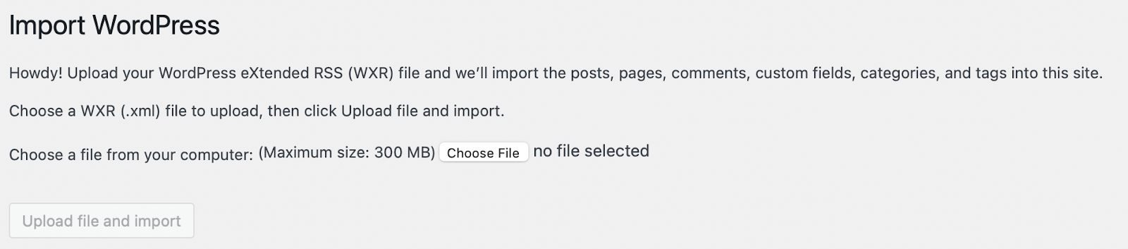 settings for importing into WordPress