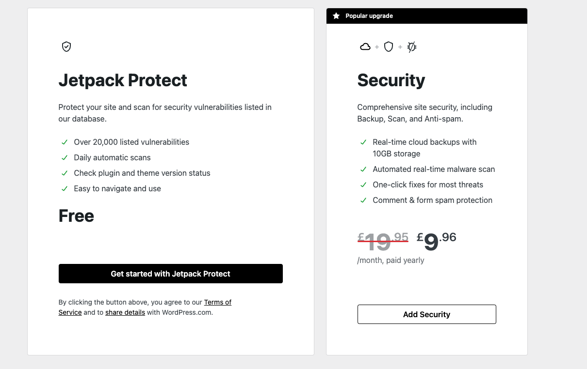 plan options for Jetpack Protect