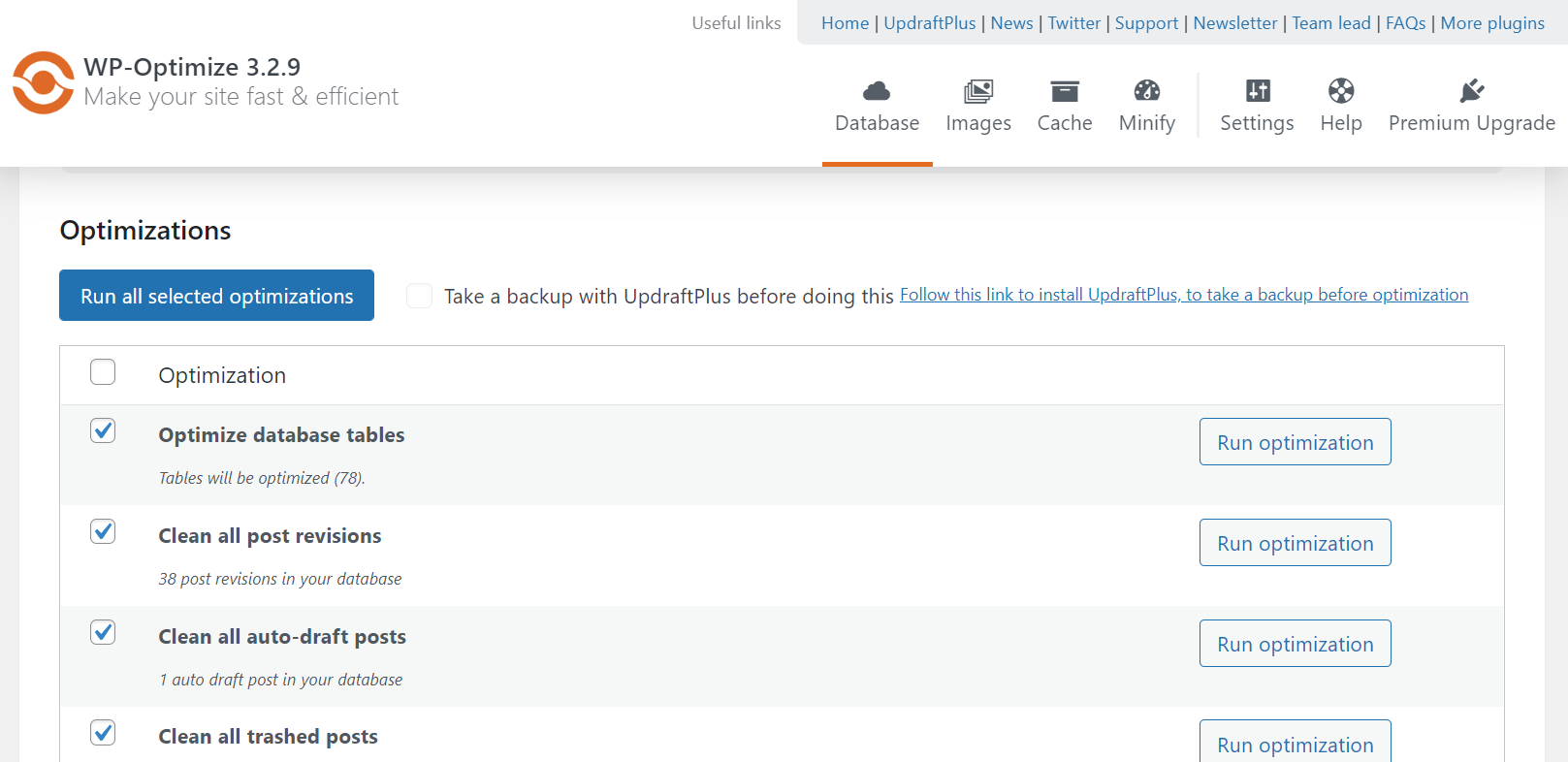 optimization choices in WP-Optimize