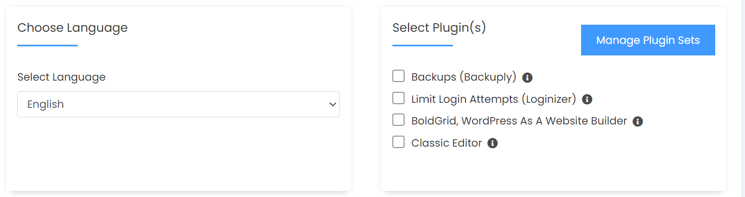 choosing installed plugins and WordPress language