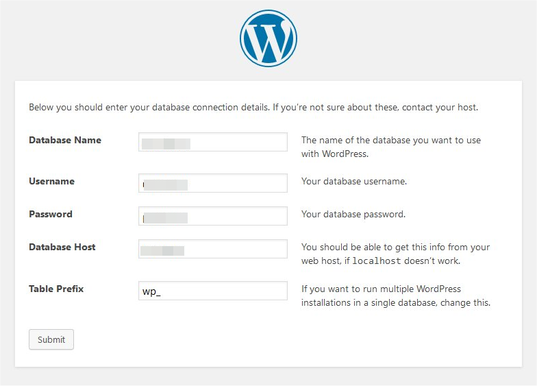 entering WordPress database details