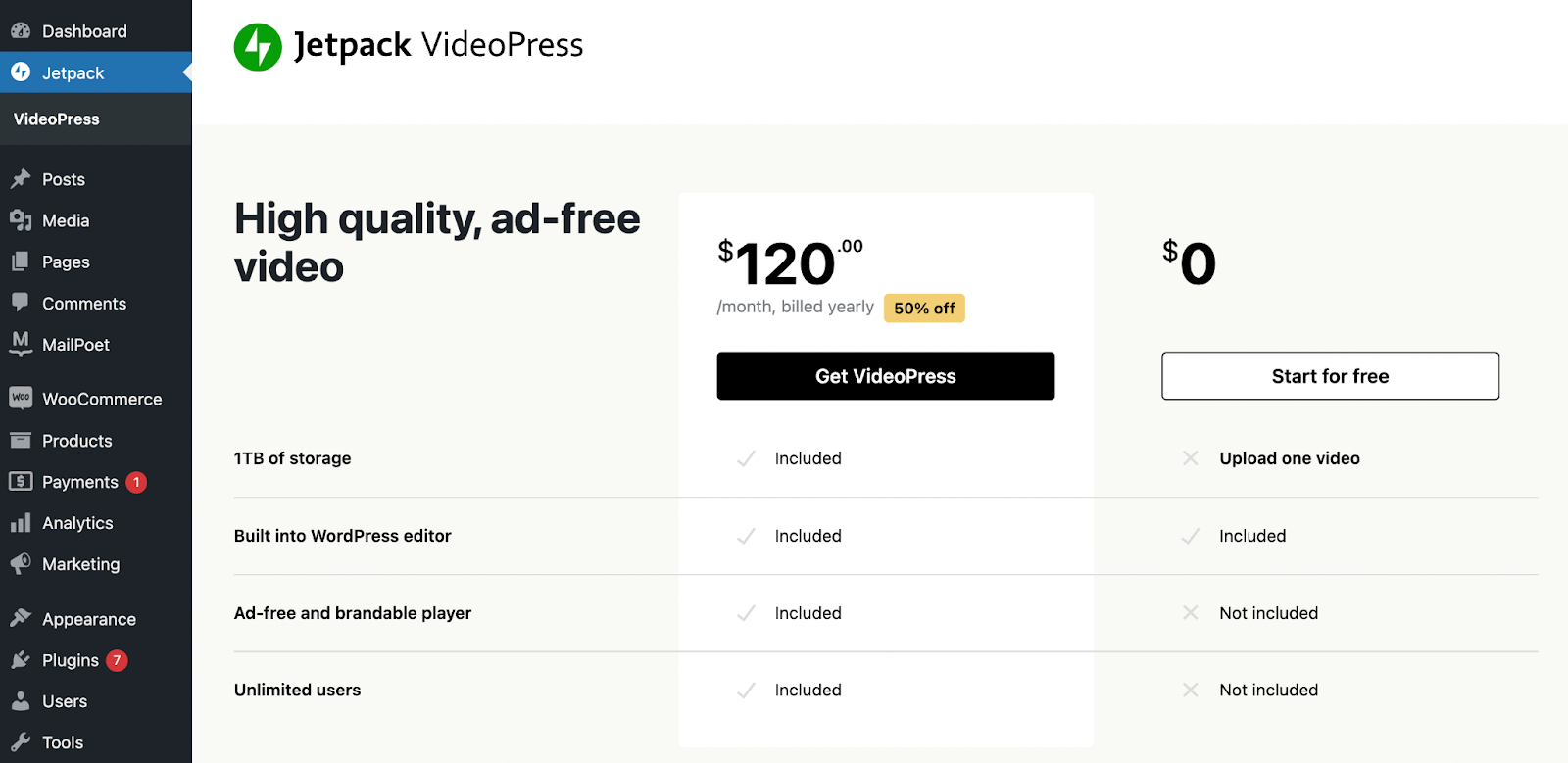 Jetpack VideoPress plan options