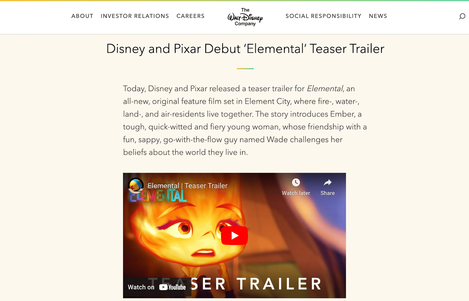 trailer for a movie embedded on The Walt Disney Company website