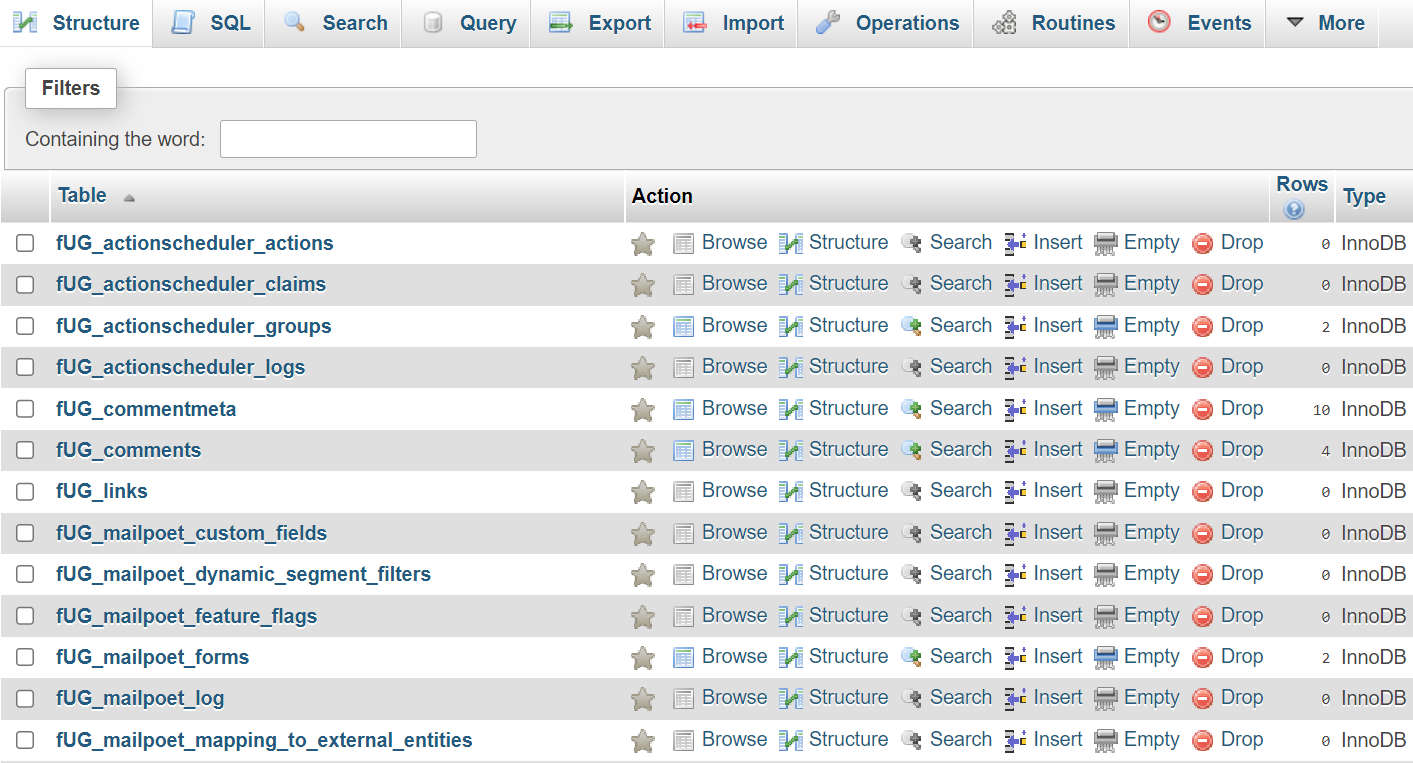 list of all database tables