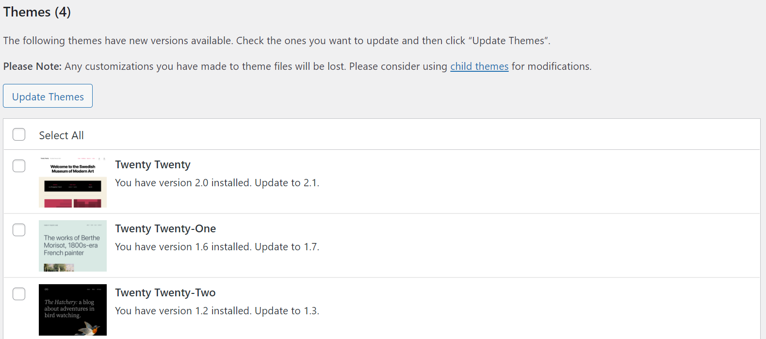 list of themes with available updates