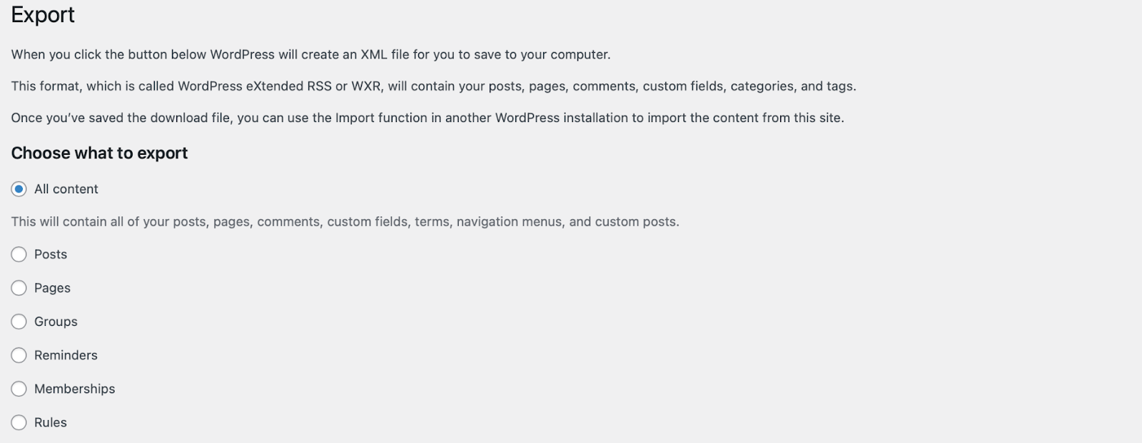 choosing the elements to export in WordPress
