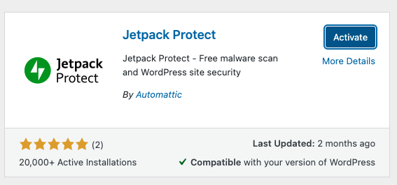activating the Jetpack Protect plugin