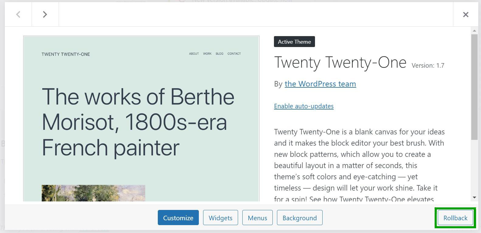 option to roll back a WordPress theme