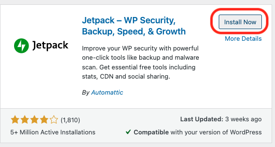 Install Now button next to the Jetpack plugin
