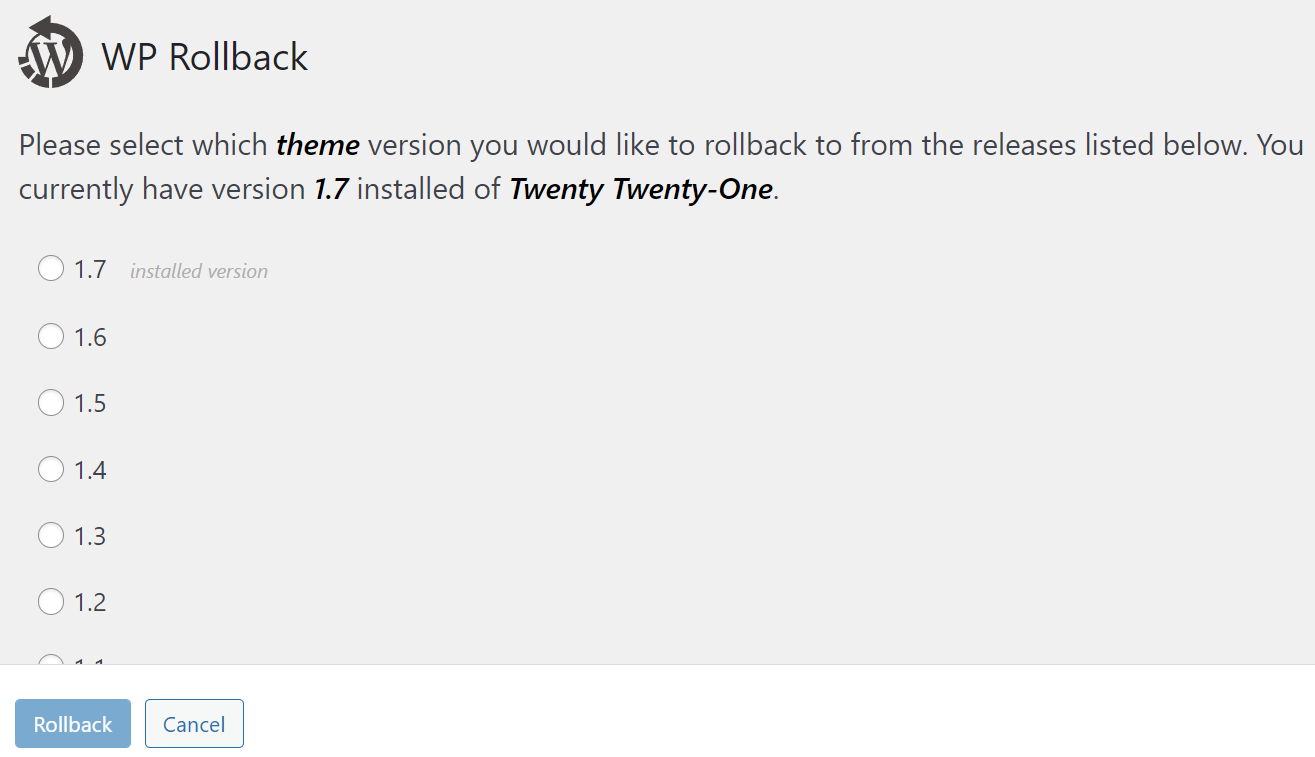 WP Rollback options