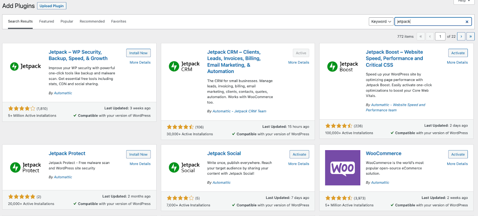 list of plugins when searching for "Jetpack" in the WordPress dashboard