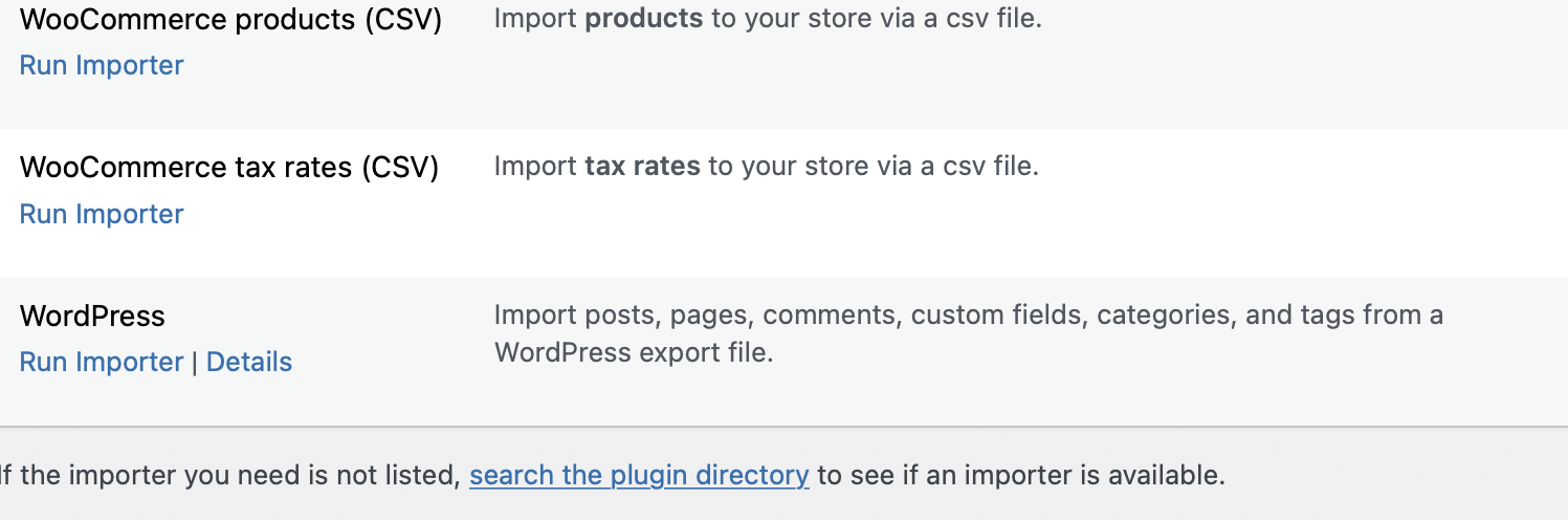 option to run WordPress Importer