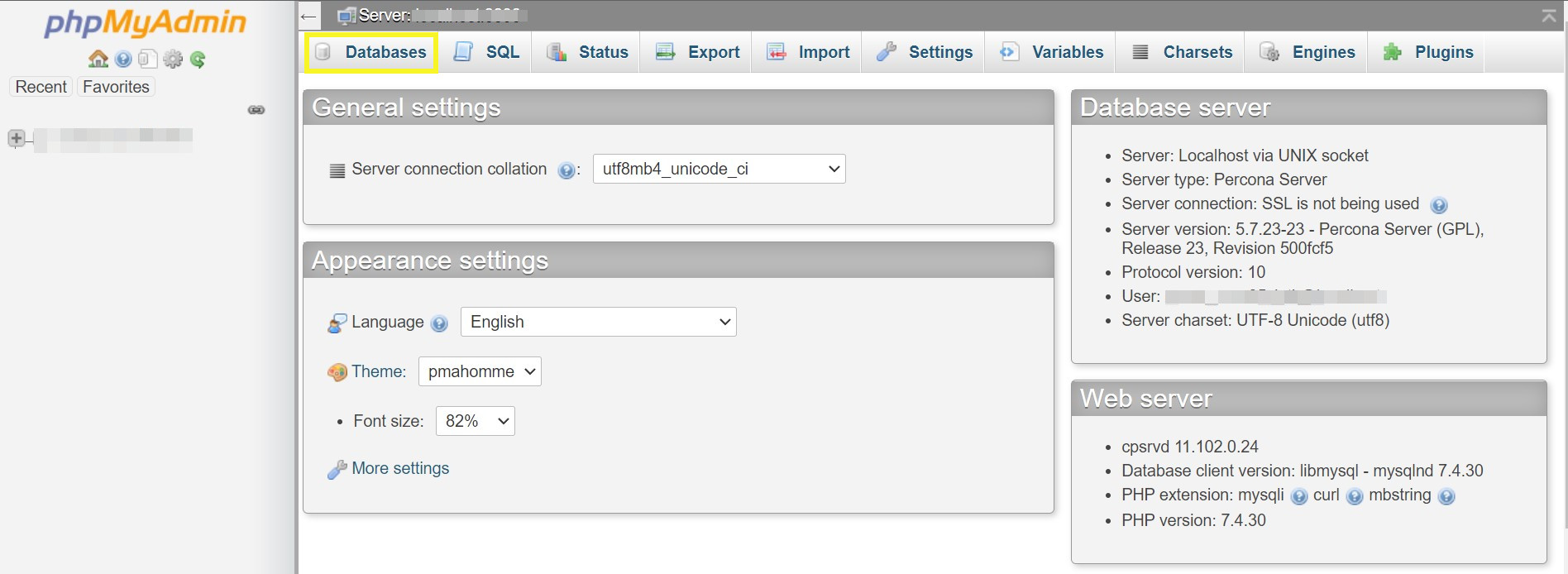 databases tab in phpMyAdmin