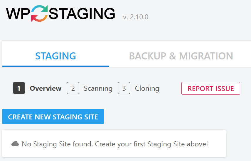 WP Staging step 1, with the option to create a new staging site